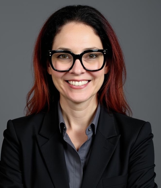 A woman with long dark hair and red highlights, wearing large black glasses, a dark blazer, and a gray shirt, smiles in front of a plain gray background.