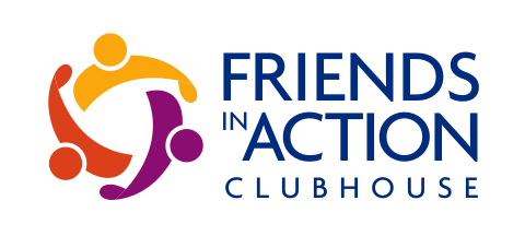 Logo with three abstract human figures in orange, red, and purple forming a circle, next to the text “FRIENDS IN ACTION CLUBHOUSE” in blue capital letters.